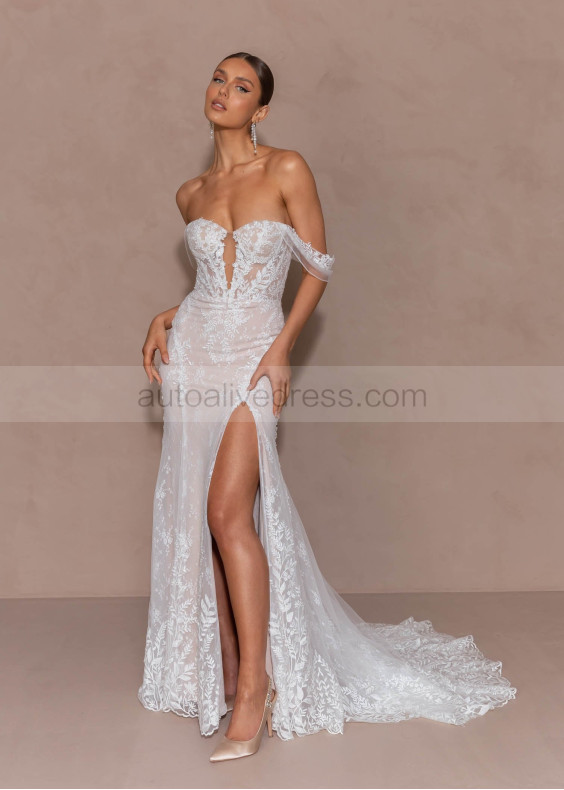 Ivory Lace Tulle Slit Fashionable Wedding Dress With Detachable Straps Ivory Lace Tulle Slit Fashionable Wedding Dress With Detachable Straps
